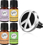 Wild Essentials Peace Sign Essential Oil Car Vent Diffuser Kit, Lavender, Lemongrass, Peppermint, Orange Oils, Stainless Steel Locket Pendant, 8 Refill Pads, Customizable Color Changing Air Freshener