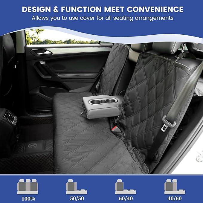 Back Seat Cover - 900D Oxford Waterproof Car Seat Protector, Fits Cars/SUVs/Trucks, Split Bench, Non-Slip, for Messy Kids & Drooling Dogs, Easy Clean(Black)