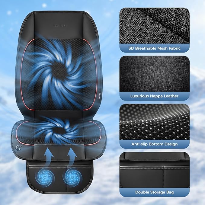 Coverado Cooling Car Seat Cushion, Universal Front Seat Cover 12V-24V Ventilated 3D Mesh Breathable Pad with 3 Speed Mode Dual Fan for Cars SUV Heatwave Driving Black&Red