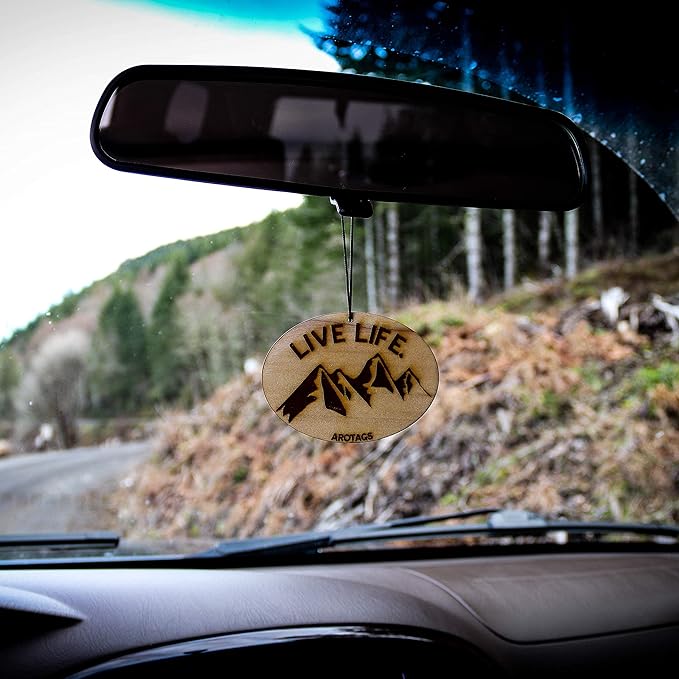 Arotags Wooden Car Air Fresheners - Long Lasting Backwoods Birch Scent Diffuses for 365+ Days - Includes Mountain Adventurer Hanging Mirror Diffuser and Fragrance Oil - 100% American Made