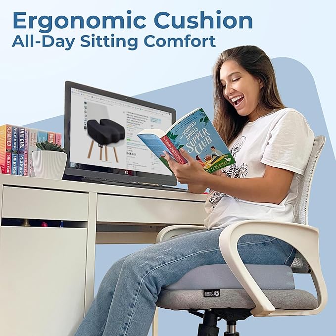 5 STARS UNITED Seat Cushion - Memory Foam Chair Cushion for Tailbone Pain Relief - Ergonomic Support for Coccyx, Sciatica & Butt - Office, Desk & Gaming Chair, Car Seat, Wheelchair, Light Gray