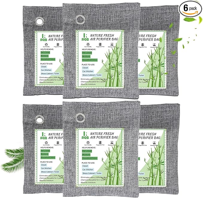 6 Pack Activated Charcoal Odor Absorber. Nature Fresh Bamboo Charcoal Air Purifying Bag Home Closet Air Freshener Deodorizer and Moisture Eliminator, Purifier for Closet, Shoe, Car Air freshener