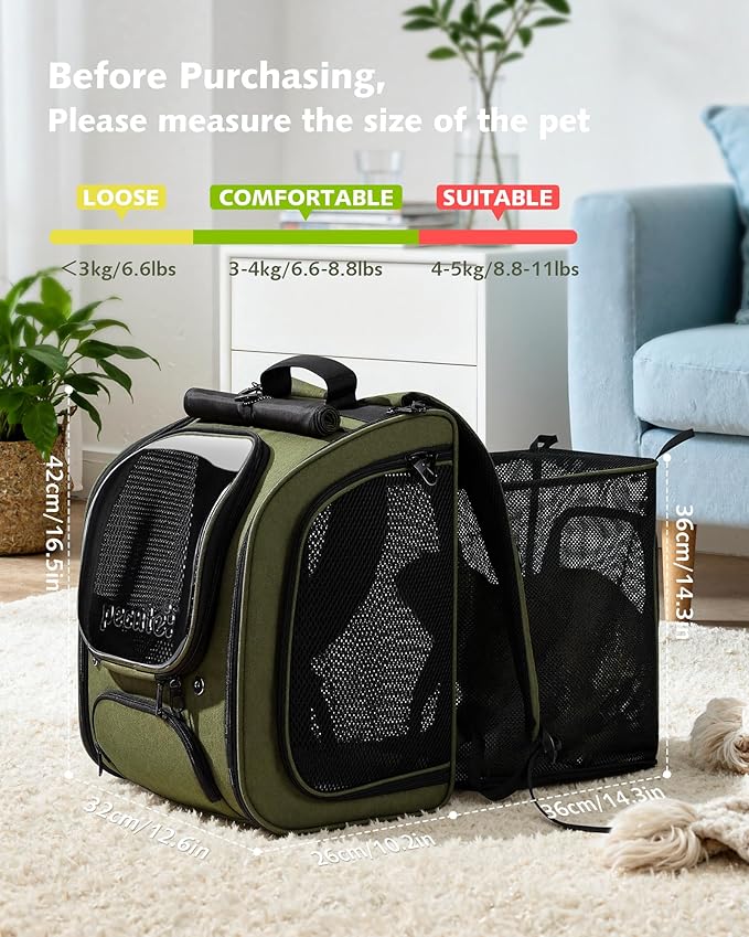 Pecute Cat Backpack Carrier Expandable, Large Space Cat Bubble Backpack, Breathable Cat Carrier, Shaded Dog Backpack Carrier for Travel, Hiking, Vet,12.6" L x 10.2" W x 16.5" H,Green