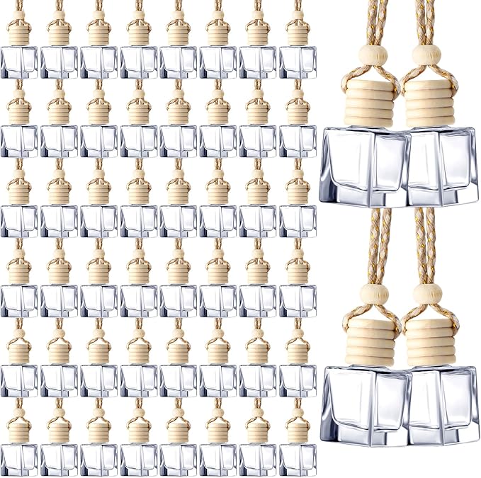 Zubebe 300 Pcs 8ml Hanging Car Air Freshener Diffuser Bottle Bulk Empty Clear Glass Perfume Bottles Refillable Aromatherapy Essential Oils Pendant for Auto Interior Ornaments Decoration (Cube)