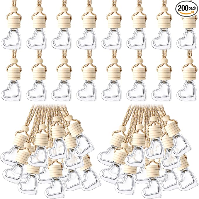 BBTO 200 Pcs Hanging Car Diffuser Bottles Bulk, Empty Clear Glass Air Freshener Bottles with Wooden Cap for Perfume Essential Oils Fragrance Aromatherapy Ornament(Heart)