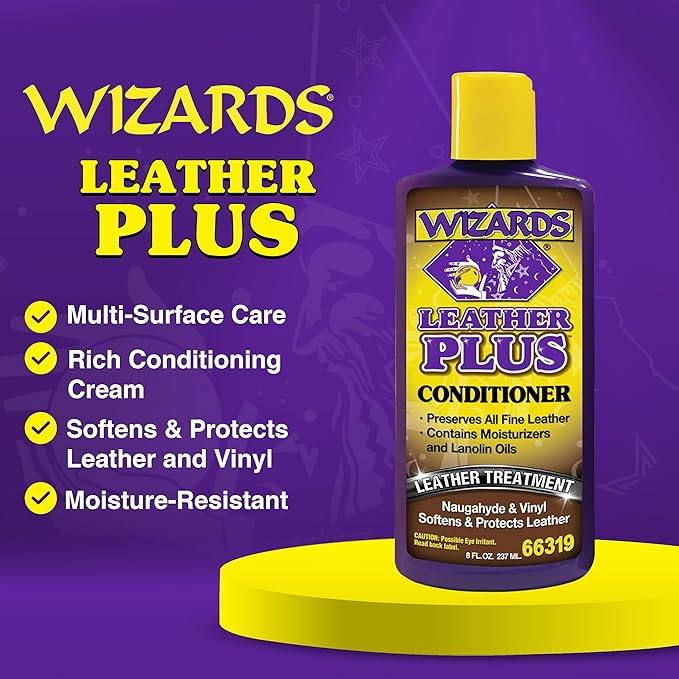 Wizards Leather Plus Leather Conditioner - Moisturizing Car Leather Seat Cleaner and Conditioner - Cleans, Conditions and Protects Leather, Naugahyde and Vinyl Car Accessories - 8 oz - Made in USA
