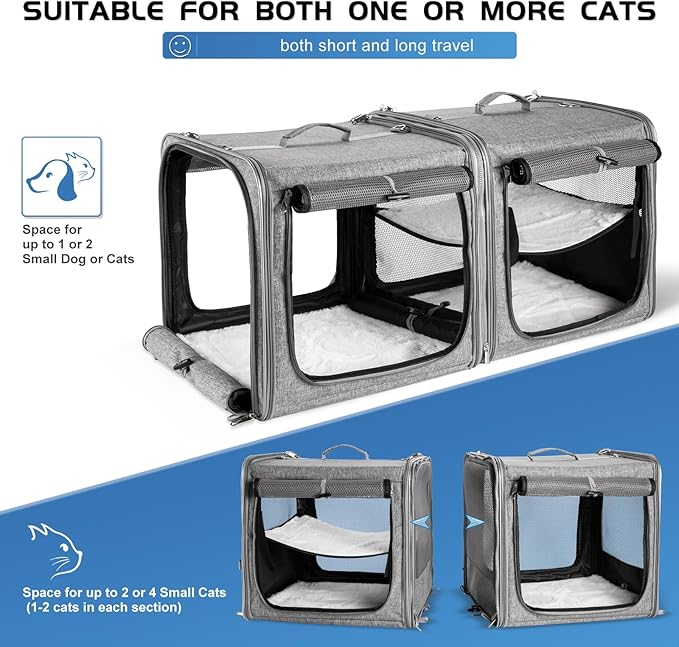 Suertree Large Cat Carrier for 2 Cats with Zipper Locks, Double Cat Carrier with Travel Litter Box, Soft Pet Travel Carrier for Cats and Small Dogs Up to 45 Lbs, Gray