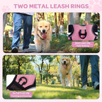 FURRYFECTION Plaid Dog Harness for Large Dogs, Reflective No Pull Adjustable Pet Vest with Front Clip, Leash, Easy Control Handle and Seat Belt, Pink, L