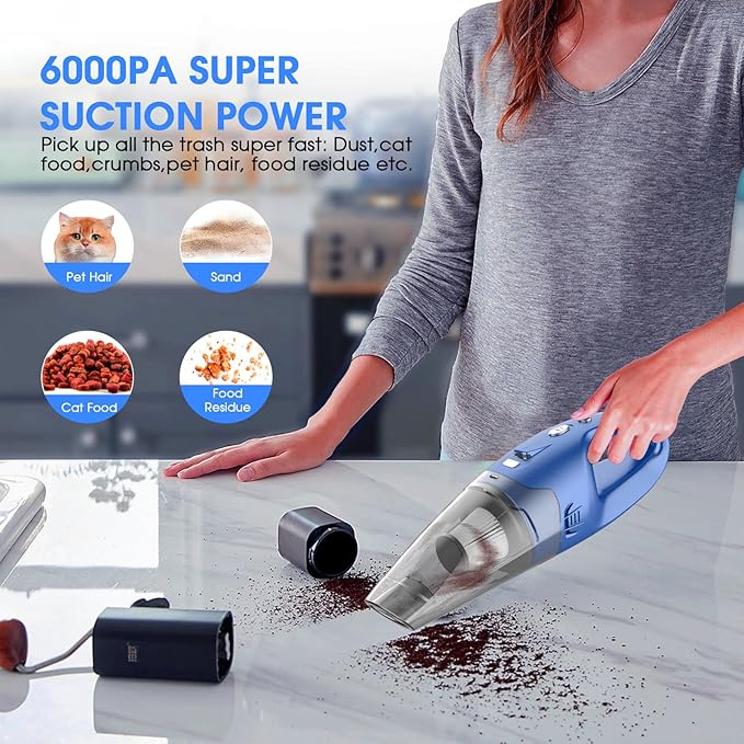 Handheld Vacuum Cordless Rechargeable – 6000Pa Mini Hand Held Vacuum, LED Light, 20–25 Mins Runtime, USB Charging, 500ML Cup – Lightweight Small Vacuum Cleaner Cordless for Car/Office/Home