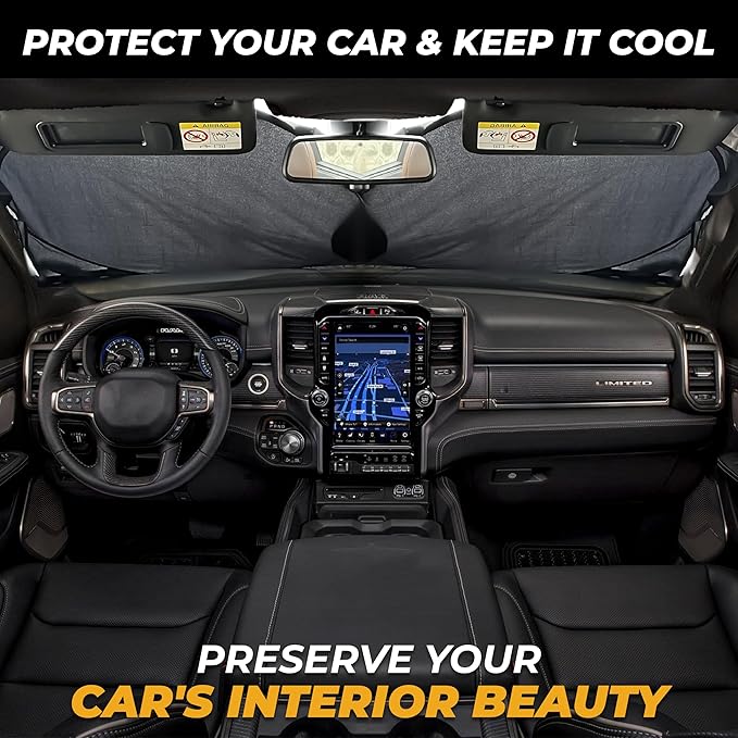 X-Large Truck Front Windshield Sun Shade (69" x 35") – 240T Thickened Reflective Sunshade, Blocks 99% Heat & UV Rays, Foldable Windshield Sunshade Keeps Vehicle Interior Cool