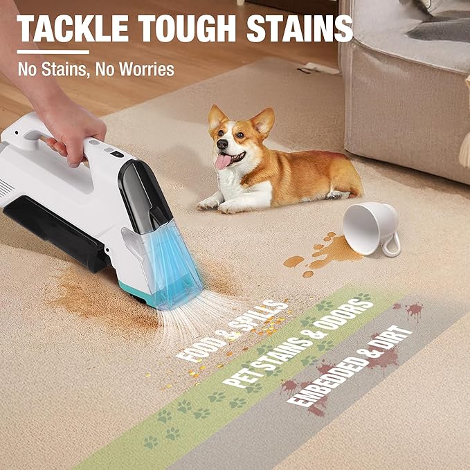 HAUSHOF Handheld Carpet Cleaner, 12V Cordless Portable Carpet Cleaner, 6.5KPa Spot Cleaner with 2 Water Tanks, Type-C Charge, Spot & Stain Cleaner, Handheld Upholstery Cleaner for Stairs, Car
