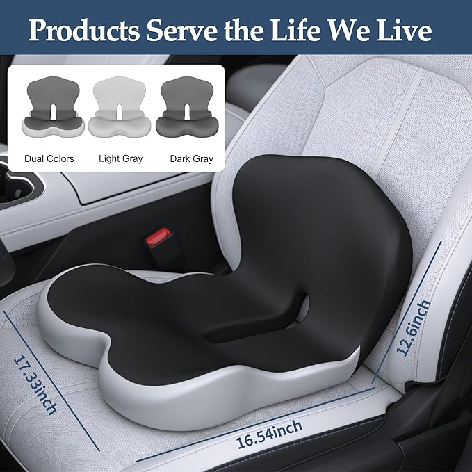 Onever Ergonomic Memory Foam Seat Cushion, Lumbar Support Non Slip for Truck Driver Long Driving Office Chair Back Tailbone Pain Relief Grey