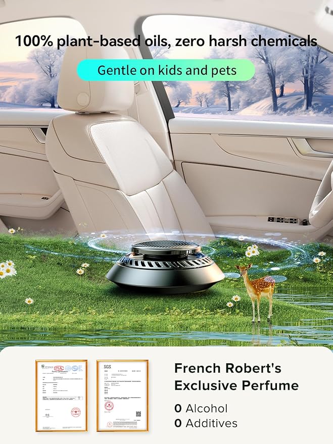 Ceeniu Solar Car Air Freshener F21, DIY Essential Oils, UFO Solar-Powered Auto Rotary Diffuser, Natural French Fragrance Lavender & Mint Ice, Two Oils, Aluminum Alloy, Dashboard Aromatherapy Freshener