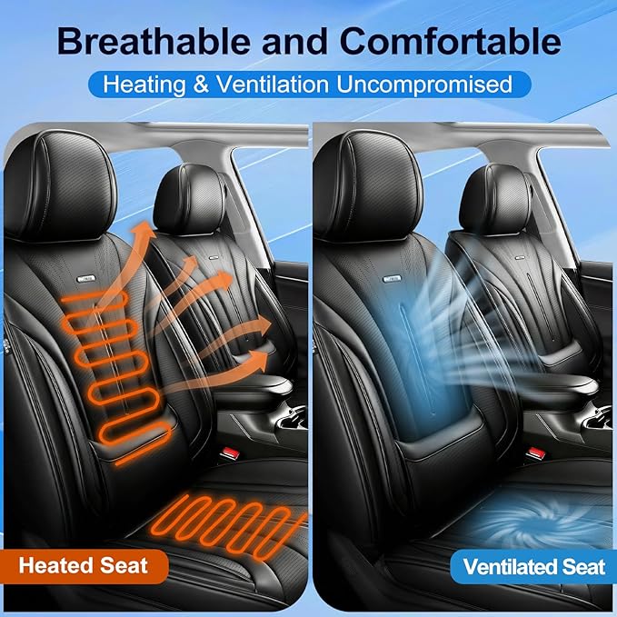 Fit Ridgeline Car Seat Covers (Front Pair) for Select Honda Ridgeline 2007-2026 - Premium Full Coverage Leather, Airbag Compatible, Waterproof & All Weather Seat Cushion Protector, Black