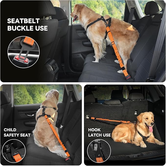 Pawaboo Dog Seat Belt Harness for Car, Dog Car Harness Seatbelt with Double Clips, Adjustable Breathable Pet Vest & Dogs Safety Tether with Elastic Bungee for Small Medium Large Pet, L, Orange/Black
