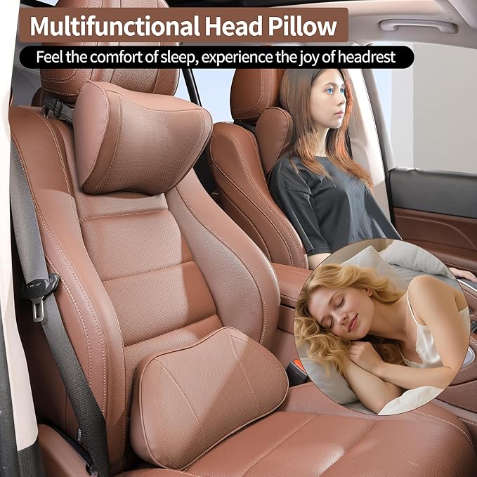 Car Headrest Pillow Memory Foam Breathable Removable Leather Cover Premium Seat Support Head Neck Cushion for Driving Traveling Home Office, Brown, 2 Pack