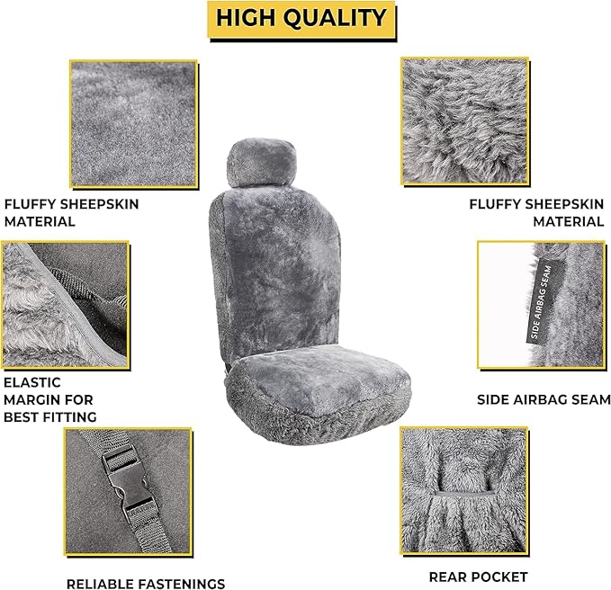 ZONETECH Sheepskin Seat Covers Fuzzy Car Seat Covers Grey Australian Merino Wool Fluffy Fur Auto Accessories All Season Protection for Your Seats Universal Fits Most Car SUV Airbag Compatible 2- Pack