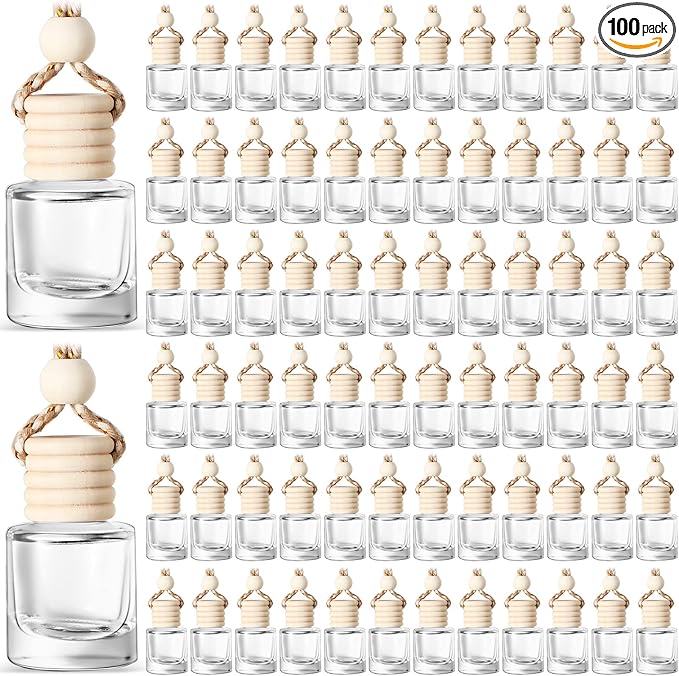 BBTO 100 Pcs Car Air Fresheners Diffuser with Wooden Cap Empty Aromatherapy Diffuser Clear Fragrance Holder Pendant Hanging Perfume Fresheners Bottles for Car Decor(Classic,Clear)