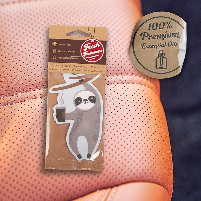 Cute Coffee Sloth Car Air Freshener Scented With Premium Oils By Fresh Fresheners (4 Pack)