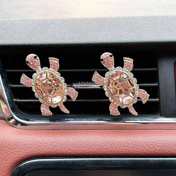2pcs Cute Shiny Rhinestone Turtle Car Air Freshener Clip – Stylish Vent Fragrance Diffuser with Ocean Scent – Universal In-Car Decoration for Men & Women (pink, Ocean)