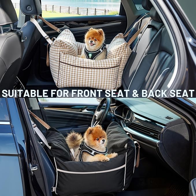 Dog Car Seat for Small Dogs - Waterproof Pet Booster Seat for Car with Clip-On Safety Leash, Travel Carrier for Medium Puppy up to 25 lbs, Memory Foam Filling and Adjustable Buckles, Black