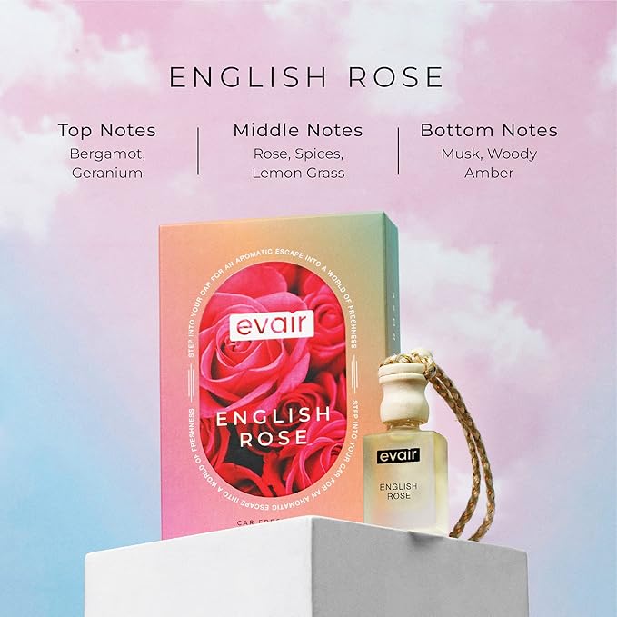 Evair Combo Pack of Car Air Freshener with Essential Oils Fragrances Black Amber, Ocean Rush & English Rose in Glass Bottle with Wooden Diffuser Lid | Each 10 ml- Pack of 3