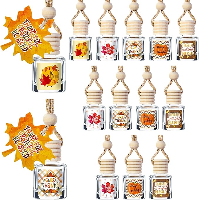 Boao 15 Pcs Thanksgiving Hanging Car Air Freshener Diffuser Bottles Empty Bulk Fall Perfume Glass Bottle Pendant Refillable with Maple Leaves Cards & Stickers for Essential Oil Fragrance Ornament
