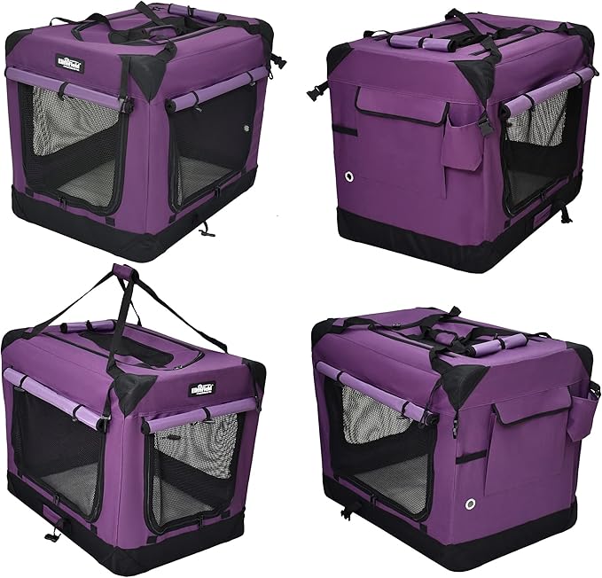 EliteField 4-Door Folding Soft Dog Crate with Curtains, Carrying Bag and Fleece Bed (2 Year Warranty), Indoor & Outdoor Pet Home (42" L x 28" W x 32" H, Purple+4 Door Curtains)