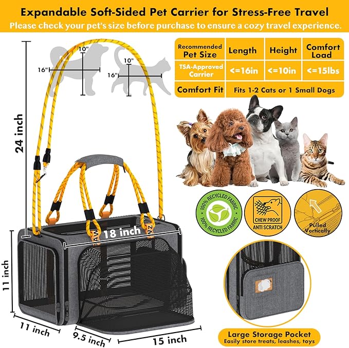 PAWZIDEA Expandable Pet Carrier Airline Approved, 18"×11"×11" Small Dog Carriers, Collapsible Top-Load Cat Carrier for 2 Cats Under Seat, Soft-Sided Puppy & Animal Travel Bag, ID Card, Up to 15lbs