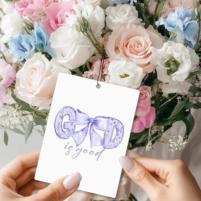Mancheng-zi God Is Good Coquette Christian Car Air Freshener 3Pcs, Cute Preppy Girly Bow Religious Air Freshener Hanging for Cars Closet Drawer or Books, Blue Purple Pink Car Accessories Mirror Decor