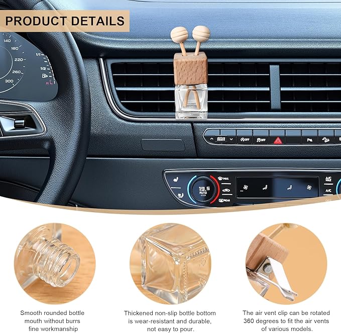 2PCS Car Diffuser Air Freshener Bottle, Refillable Empty Glass Perfume Bottles with Vent Clip, Universal Essential Oil Diffuser for Most Vehicles, Interior Car Accessories (8PCS, Blank)