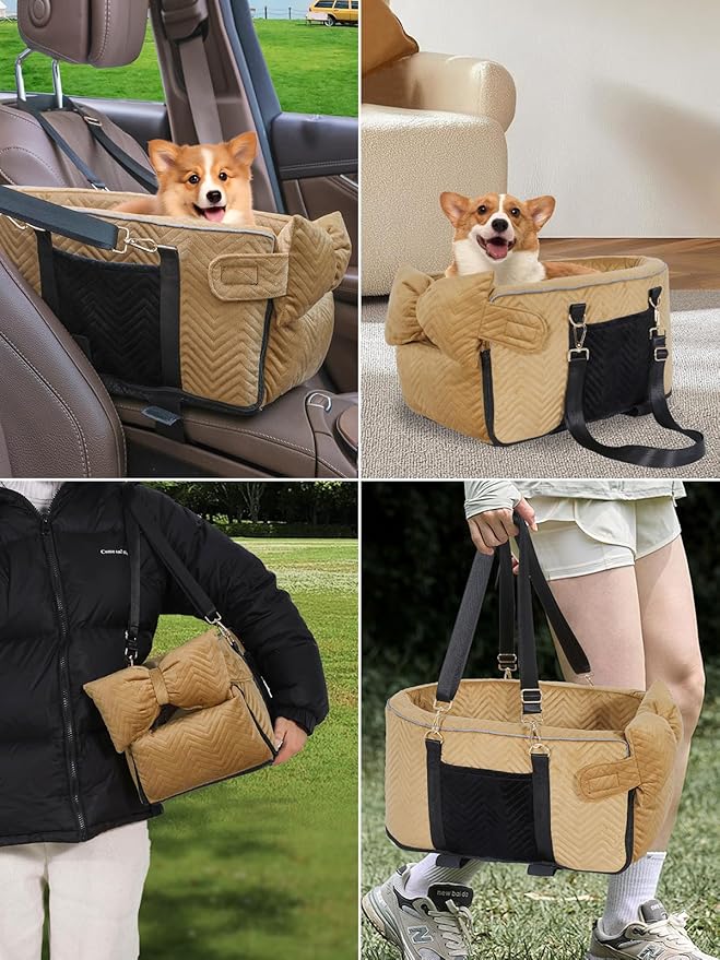 Small Dog Car Seat, Portable Dog Seat with Soft Washable Cushion,Center Console Dog Car Seat for Small Dogs Up to 13lbs(Brown)