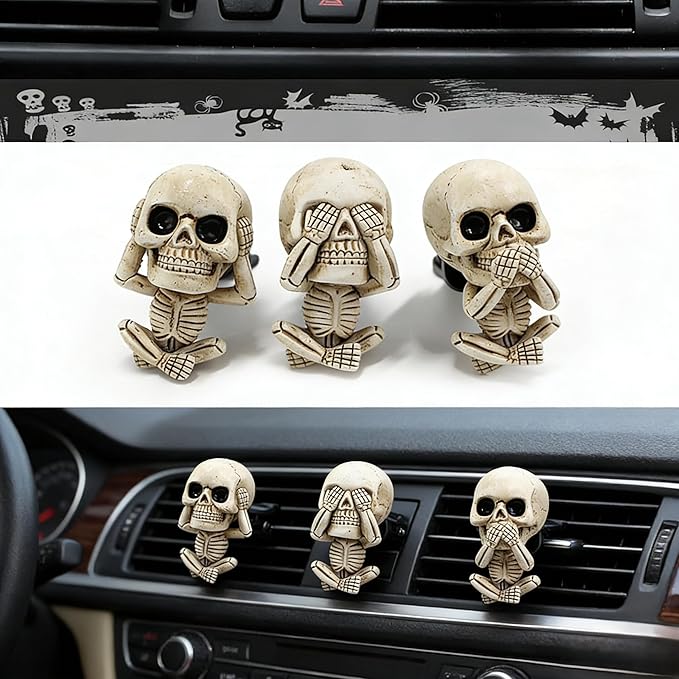 Skull Car Air Freshener Vent Clips with 3 Felt Pads - Gothic Horror Scented Decor for Car Interior, Cool Halloween Skull Accessories for Men and Women, Funny Spooky Gift for Teens-A1