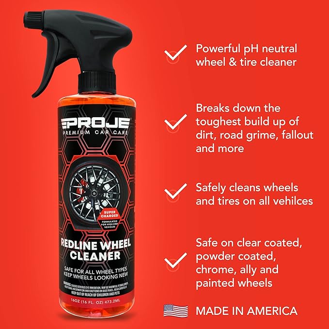 PROJE' Redline Wheel Cleaner - All in One Wheel & Tire Cleaner - Tough on Brake Dust & Dirt - Removes Browning - Non Acidic Safe on All Rim Types - 16 Fl Oz