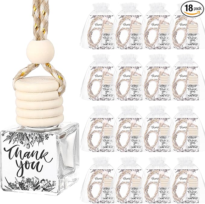 18 Set Employee Appreciation Gifts Bulk Hanging Car Air Freshener Diffuser Car Empty Glass Essential Oil Diffuser Thank You Inspirational Gifts for Coworker Teacher(Flower Thank You)