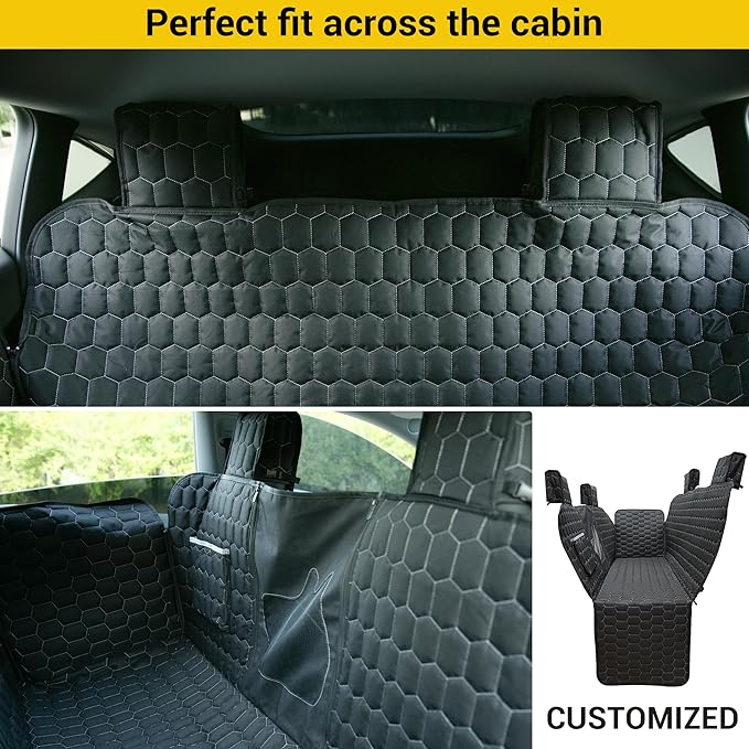 Dog Seat Covers for Tesla Model Y,Dog Hammock for Tesla with Side Flaps, 100% Waterproof Tesla Model Y Dog Accessories with Mesh Window & Headrest Protector Easy Clean up Pet Car Seat Cover