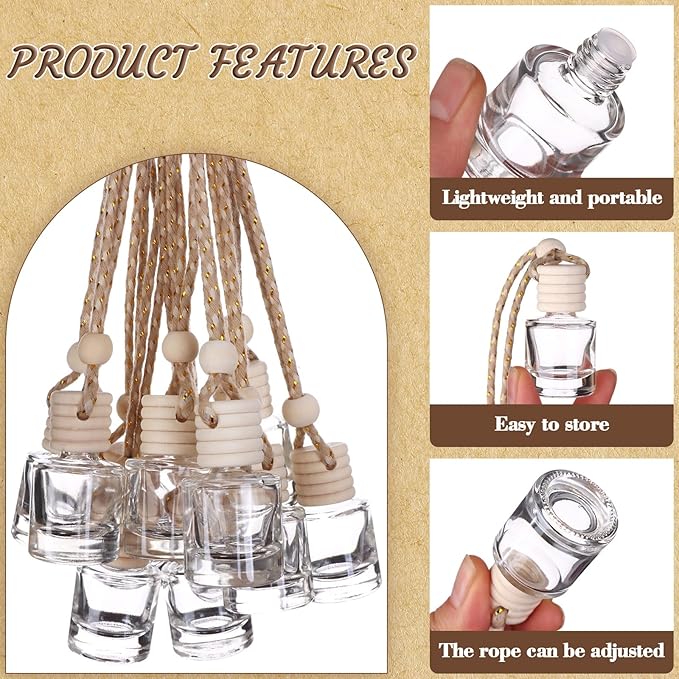 50Pcs Hanging Car Air Freshener Diffuser with Wooden Caps 8ML Empty Clear Car Diffuser Bottles Hanging Glass Essential Diffuser Oil Fragrance Perfume Pendant Glass Vial,Cylindrical