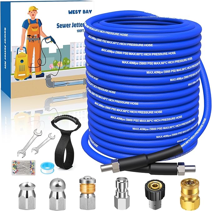 West Bay Sewer Jetter Kit 100 FT for Pressure Washer, 5800 PSI Drain Cleaner Hose 1/4 Inch NPT Corner Rotating and Button Nose Sewer Jetting Nozzle Spanner WatertightTape Pearl Corsage Pin(Blue)