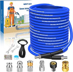 West Bay Sewer Jetter Kit 100 FT for Pressure Washer, 5800 PSI Drain Cleaner Hose 1/4 Inch NPT Corner Rotating and Button Nose Sewer Jetting Nozzle Spanner WatertightTape Pearl Corsage Pin(Blue)
