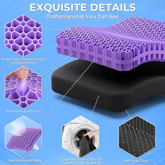 TushGuard Gel Seat Cushion for Long Sitting, Enlarged & Thickened Patent Design, Breathable Cooling for Office Chair, Soft Car Seat Cushion for Wheelchair (2" Thick, Black)