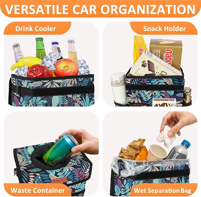 Car Trash Can for Car Cute, Bag Bin Hanging Waterproof Automotive Garbage Cans Leak Proof Vehicle Trash Can Colorful Leaves