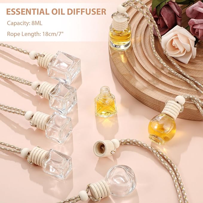 Dandat 80 Pcs 8 ml Hanging Car Freshener Diffuser Pendant Bottle Empty Transparent Glass Aromatherapy Essential Oil Air Diffuser for Perfume Gift with Wooden Caps Lanyard, 8 Assorted Style