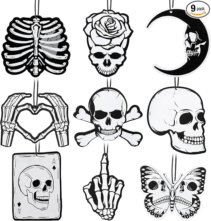 9 Pcs Skull Car Air Fresheners Horror Goth Punk Skeleton Crossbones Incense Chips Scented Diffuser Rearview Mirror Hanging Pendant Ornaments Cool Halloween Decor Automotive Interior Accessories Gifts