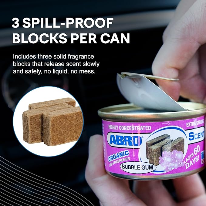 ABRO Car Air Fresheners: Canned, Spill Proof Airfreshener for Home, Office, or Car Accessories Interior, Lasts Up to 60 Days - 3 Pack Bubble Gum Scent