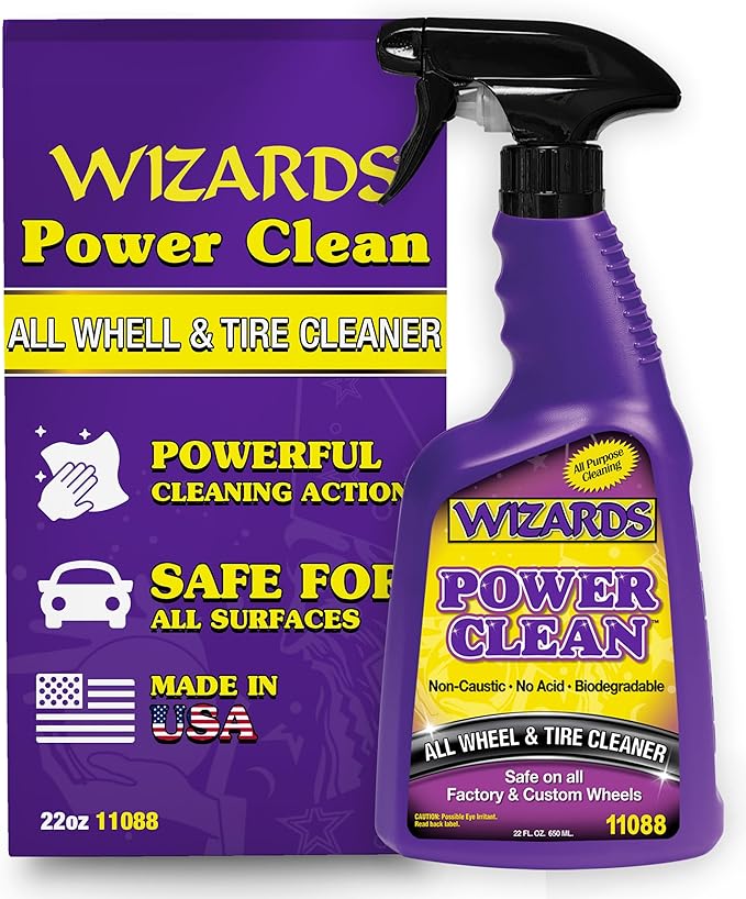 Wizards Power Clean Wheel and Tire Cleaner - Non Caustic and No Acid Biodegradable Interior Car Cleaner - Safe on All Kinds of Wheels - Dissolves Grease, Brake Dust and Road Grime - 22 oz
