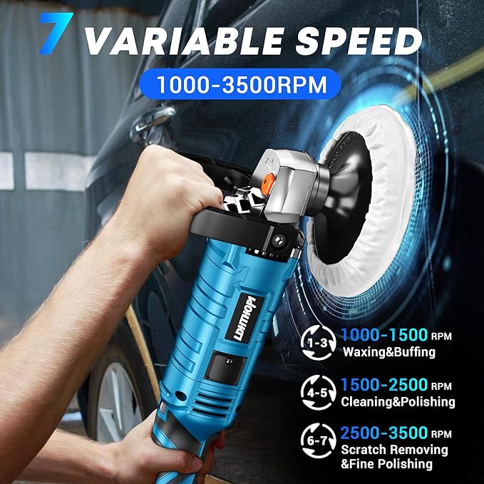LDHTHOPI Buffer Polisher Kit for Car - 6/7 Inch Rotary 1600w Polisher Buffer Waxer,7 Variable Speed 1000-3500rpm,Detachable Handle Buffing Machine for Car, Boat Sanding, Polishing Waxing, Blue 3