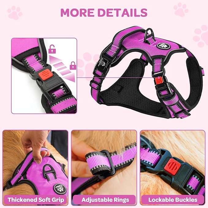 FURRYFECTION Plaid Dog Harness for Medium Dogs, Reflective No Pull Adjustable Pet Vest with Front Clip, Leash, Easy Control Handle and Seat Belt, Rose, M