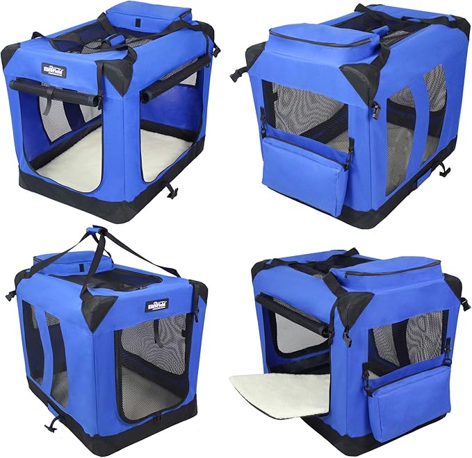 EliteField 3-Door Folding Soft Dog Crate with Carrying Bag and Fleece Bed (2 Year Warranty), Indoor & Outdoor Pet Home (24" L x 18" W x 21" H, Royal Blue)