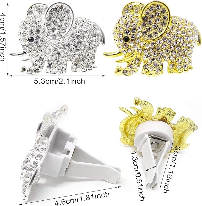 Honbay 2PCS Rhinestone Elephant Car Air Vent Clips - Car Air Freshener - Gold and Silver