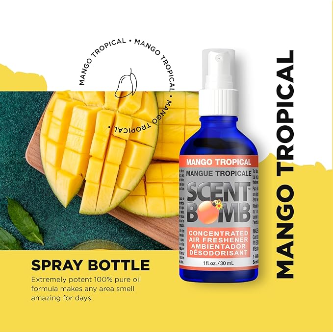Scent Bomb Air Freshener Bundle - 1 oz & 8 oz Bottle Sprays, Vent Clip, Organic Cans, Hanging Circle - Continuous Freshness & Long-Lasting Odor Eliminator for Car, Home, Bathroom - Mango Tropical